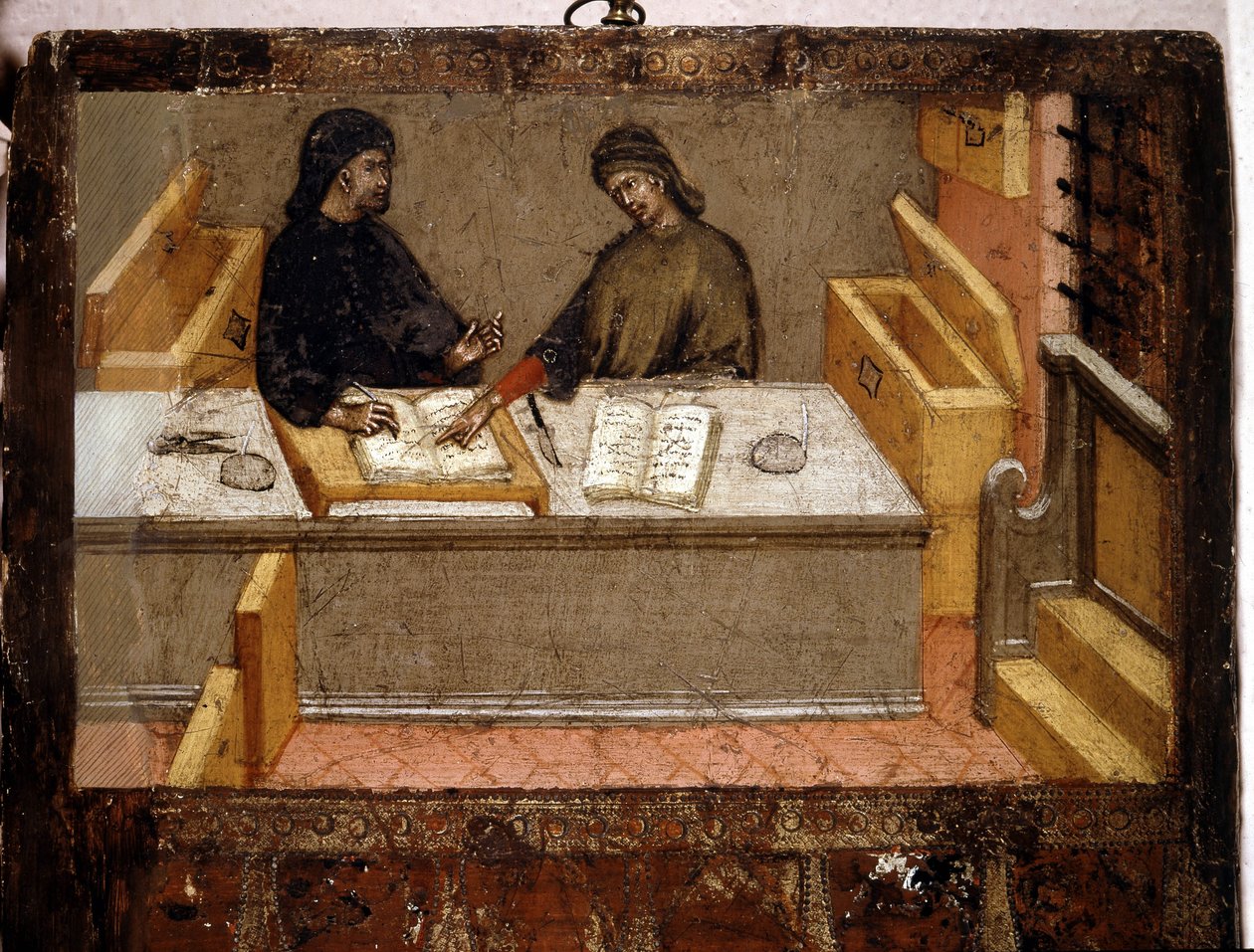 En kameralingvist og en skatteopkræver på kontoret, Biccherna (omslag af regnskabsregistret for byen Siena) fra 1394. Nationalarkiv - Museo delle Tavolette de Bicherna, Siena. af Italian School