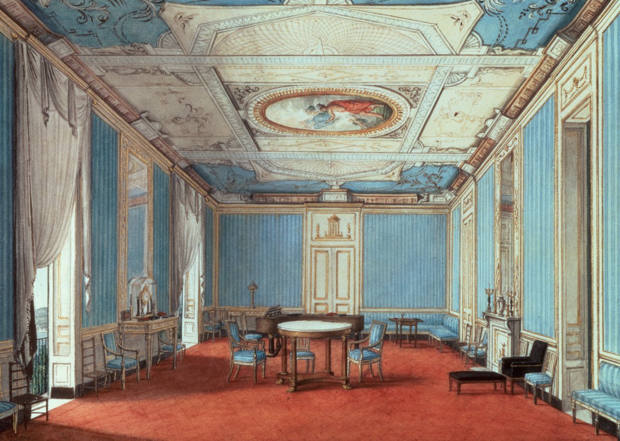 A Drawing Room in a Palazzo, Napoli, ca. 1810 (blyant og akvarel på papir)) af Italian School