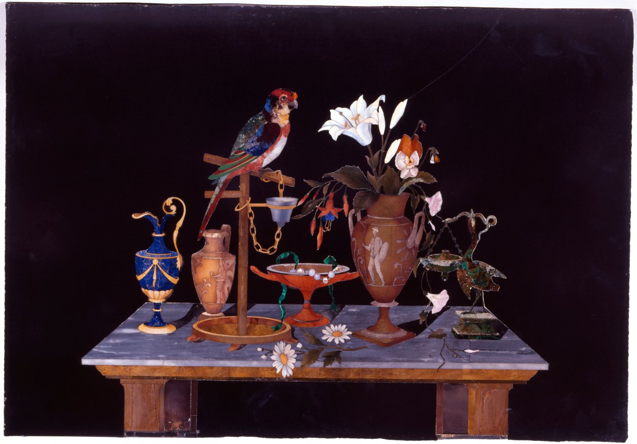 En florentinsk pietra dura plakette med en papegøje på sin siddepinde på et bord med en etruskisk kratervase, en vase med blomster og ækker, ca. 1870 af Italian School