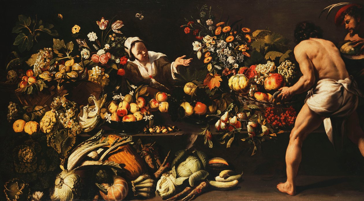 Et spisekammer fyldt med grøntsager, blomster og frugt, af Italian School