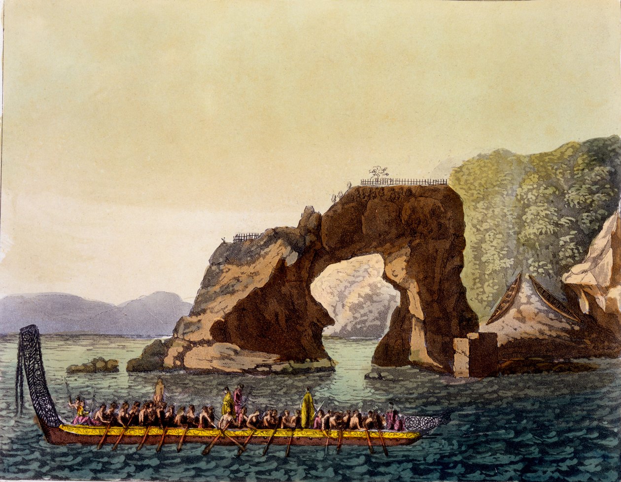 Et Maori-befæstet udsigtspunkt i New Zealand, kombineret med Maori-krigskano, 1820