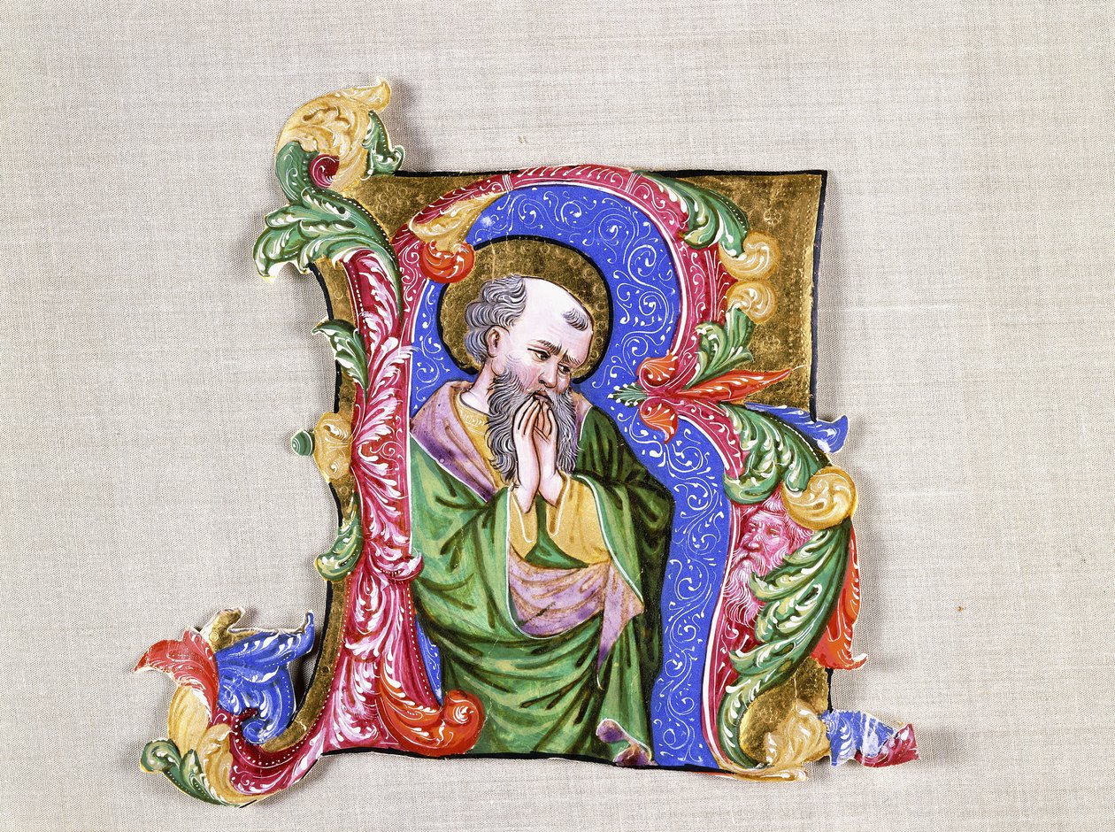A Praying Saint, en stor historisk initial R, ca. 1400 (historisk initial, skåret fra en antifonal på vellum) af Italian School