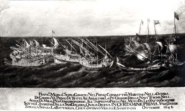 Et havslag mellem den venetianske flåde under general Francesco Morosini (1618-94) mod tyrkerne ud for Kretas kyst, oktober 1645 (olie på lærred) (s/h foto) af Italian School