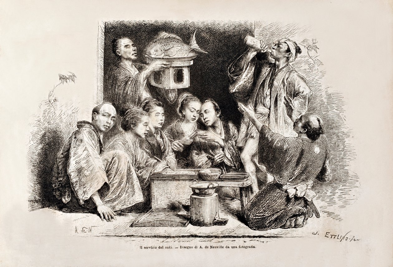 A Small Party Drinking Sake, fra den italienske udgave af Tour du Monde, 1869 af Italian School