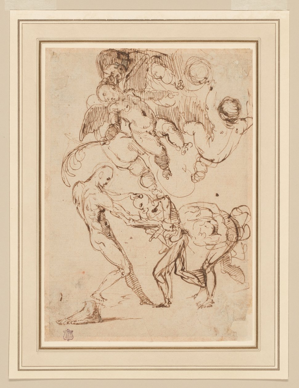 En undersøgelse af bundne mandlige figurer, der bliver håndtert, og forskellige Putti, en der holder et palmeblad af Italian School