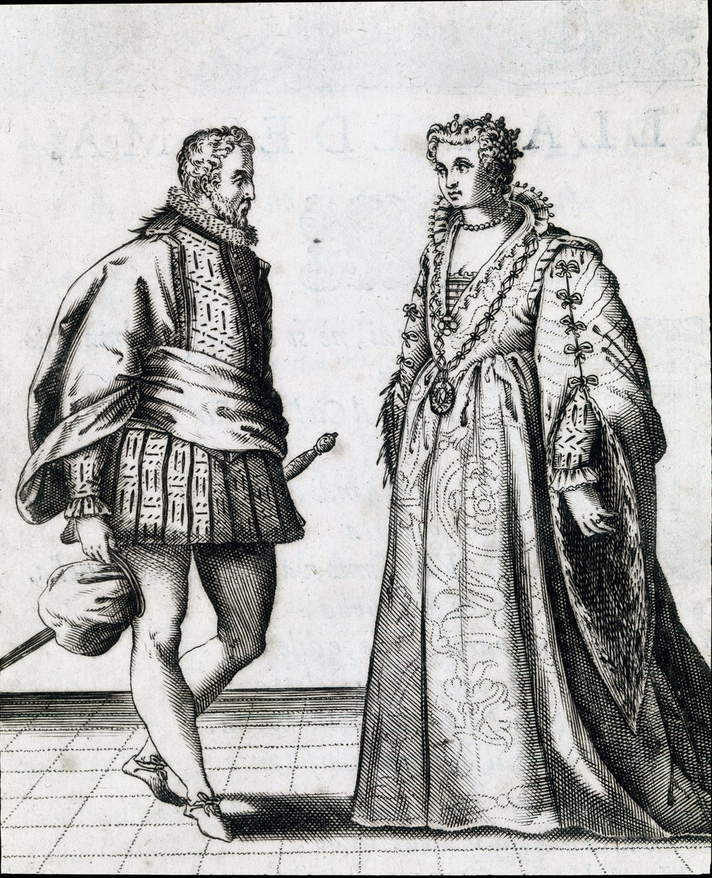 Et par italiensk adel. Gravering fra "" Il ballarino "" (eller Il ballerino) handler om dansemesteren Fabritio Carosos (1527 / 1535-1605 / 1620) dans 1581. Civico Museo Biblioteca Musicale, Bologna af Italian School
