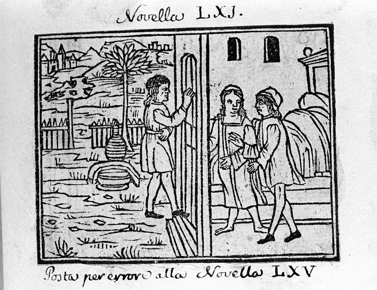 Et par vil banke på deres dør. Illustration til nyhederne 61 (Nyheder 1 af den 7. dag) af "Decameron"" af Giovanni Boccaccio dit Jean Boccaccio (1313-1375), italiensk forfatter. Gravering i "" Decamerone ouer Cento nouelle"" Venedig, Bartolomeo de 