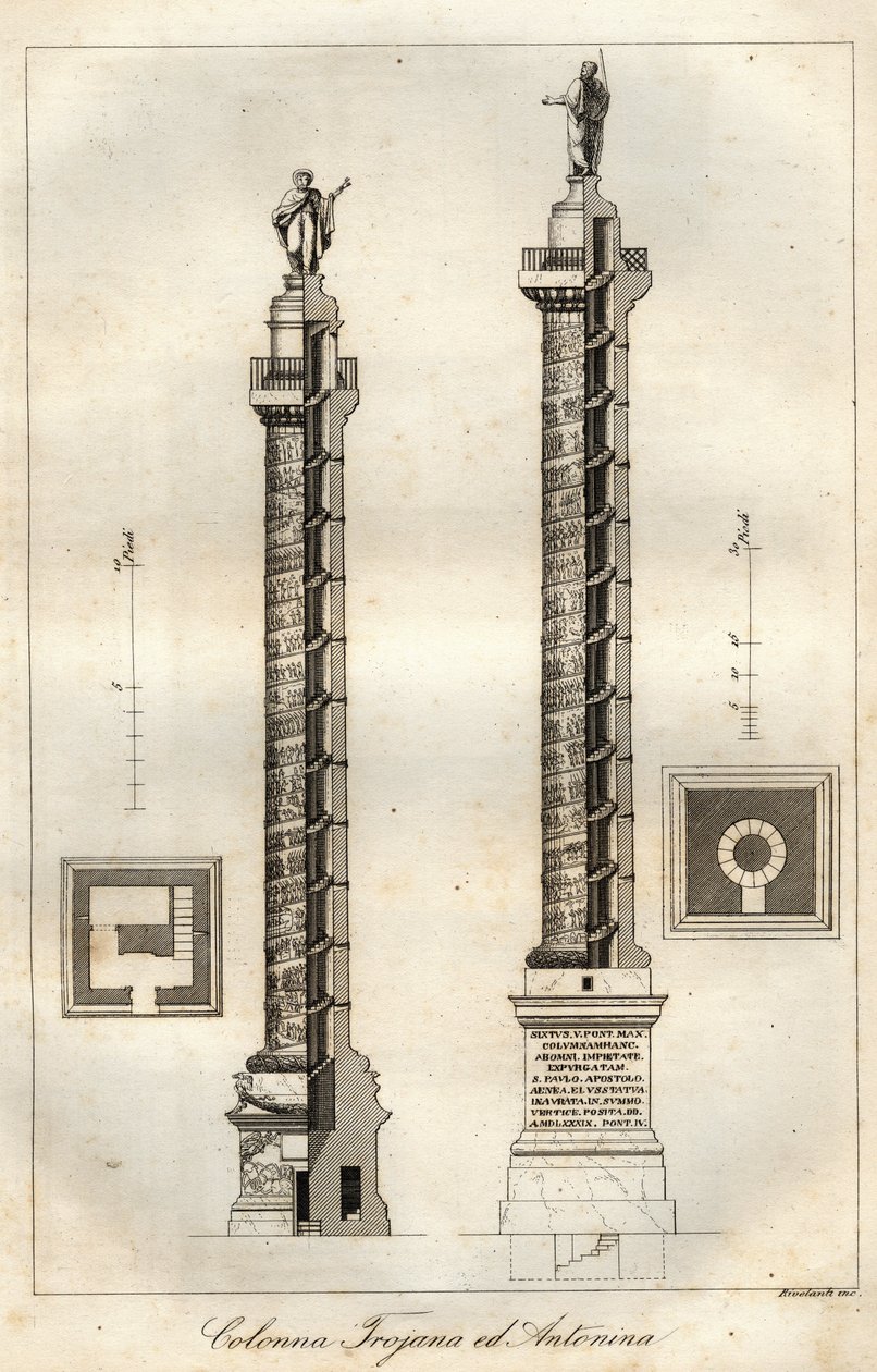 Et tværsnitsdiagram af Trajans søjle (Trajanus søjle) (113 e.Kr.) og søjle af Antoninus Pius (161 e.Kr.) i Rom - gravering fra "Anvendelser og skikke for alle mennesker i universet. Det er historien om regeringen, lovene, militsen, om jers religion af Italian School