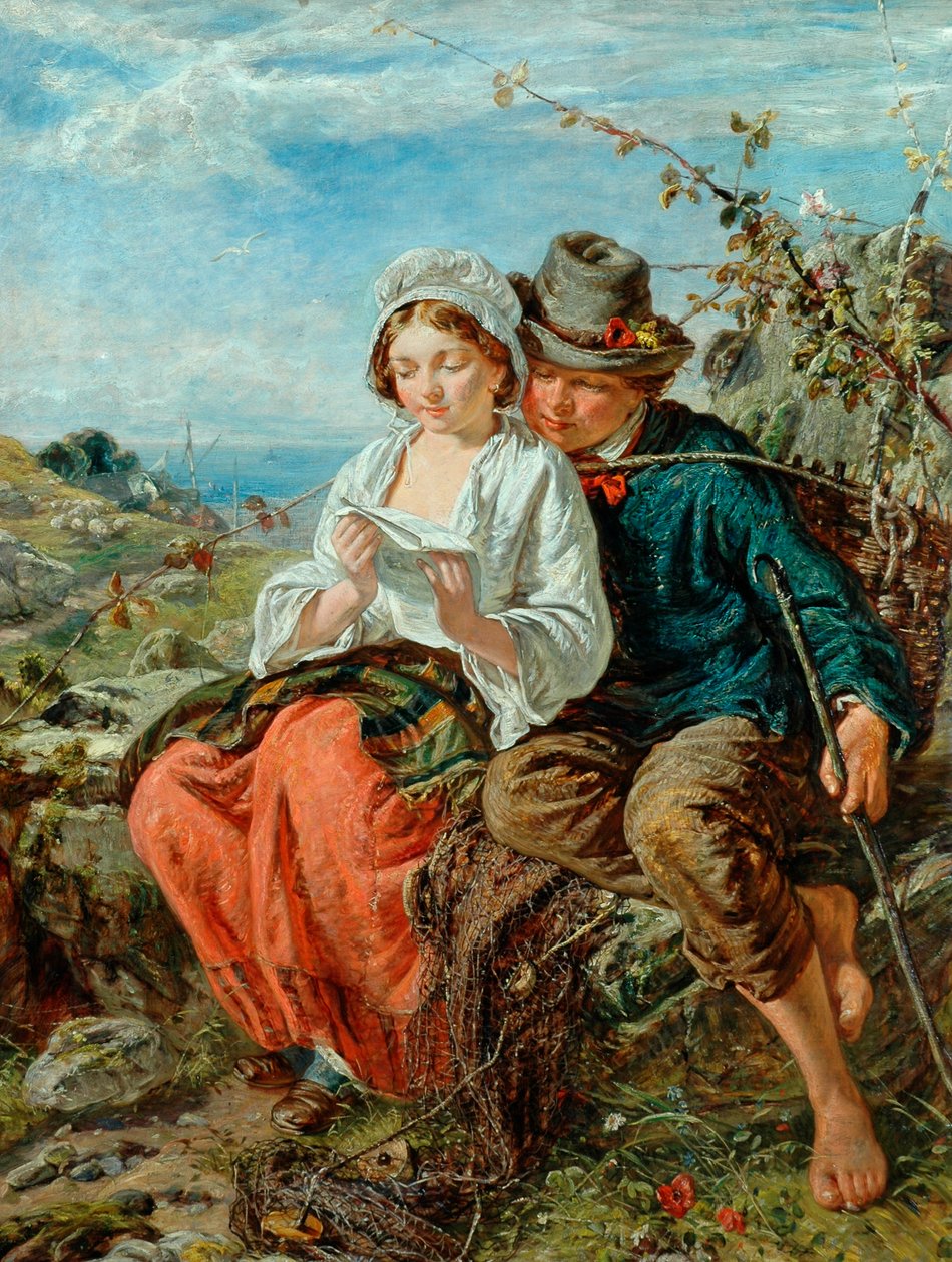 En fisker-dreng og en pige læser, 1850-79 af Italian School