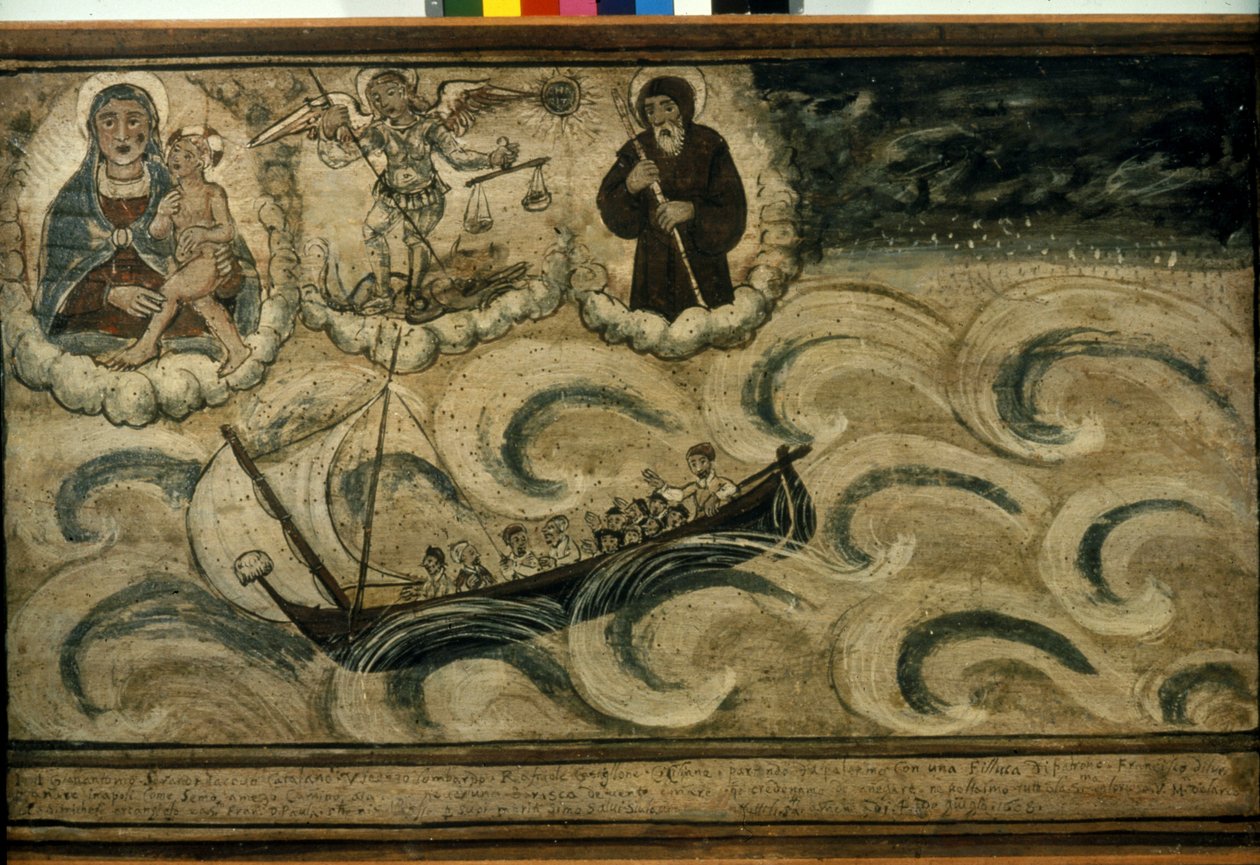 En fiskerbåd på flugt fra stormen. Ex voto fra det 17. århundrede fra kirken Madonna dell