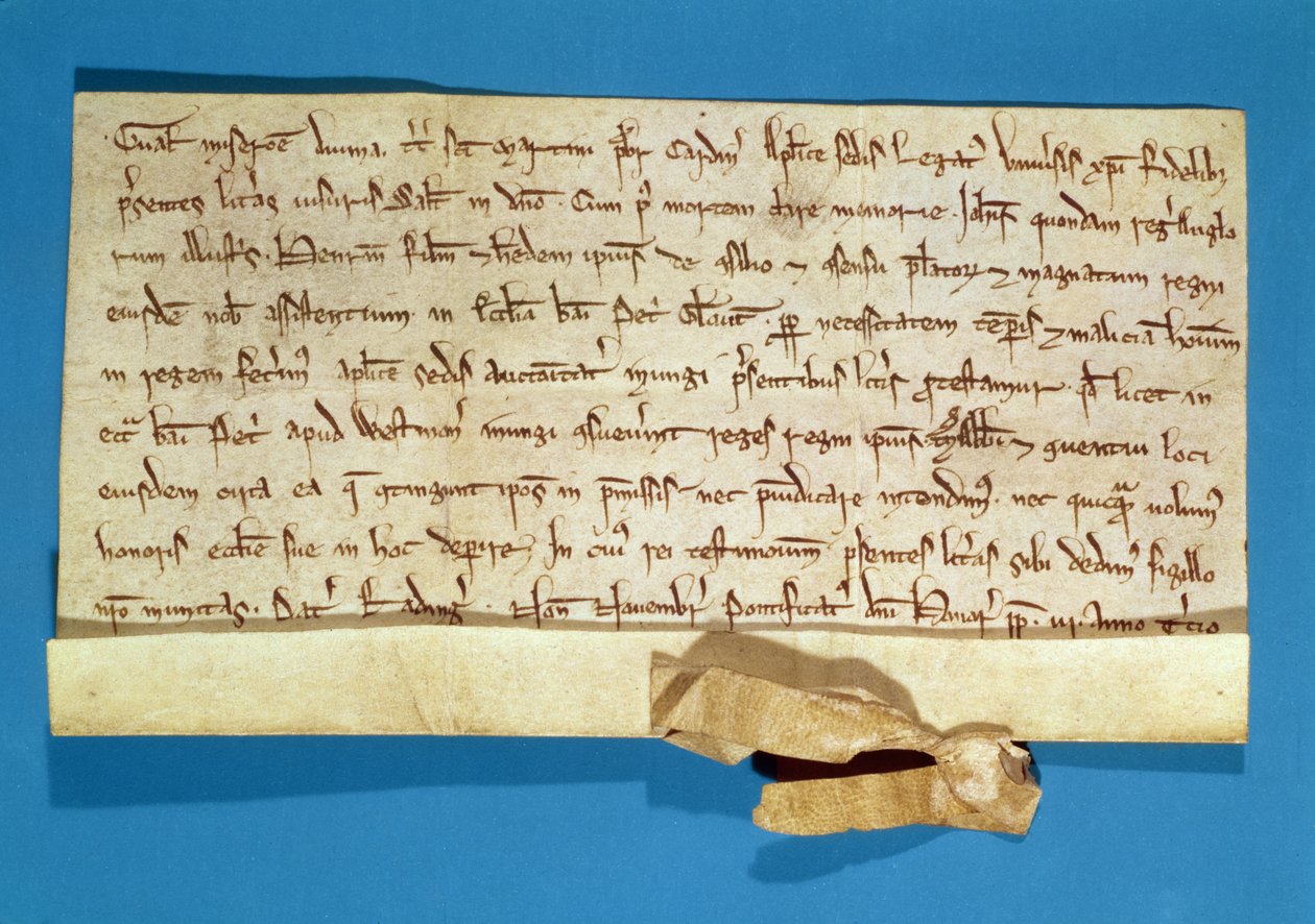 En formel protest over salvelsen af Henrik III (1207-72) i Gloucester, skrevet af den pavelige legat, kardinal Gualo, 1218 af Italian School