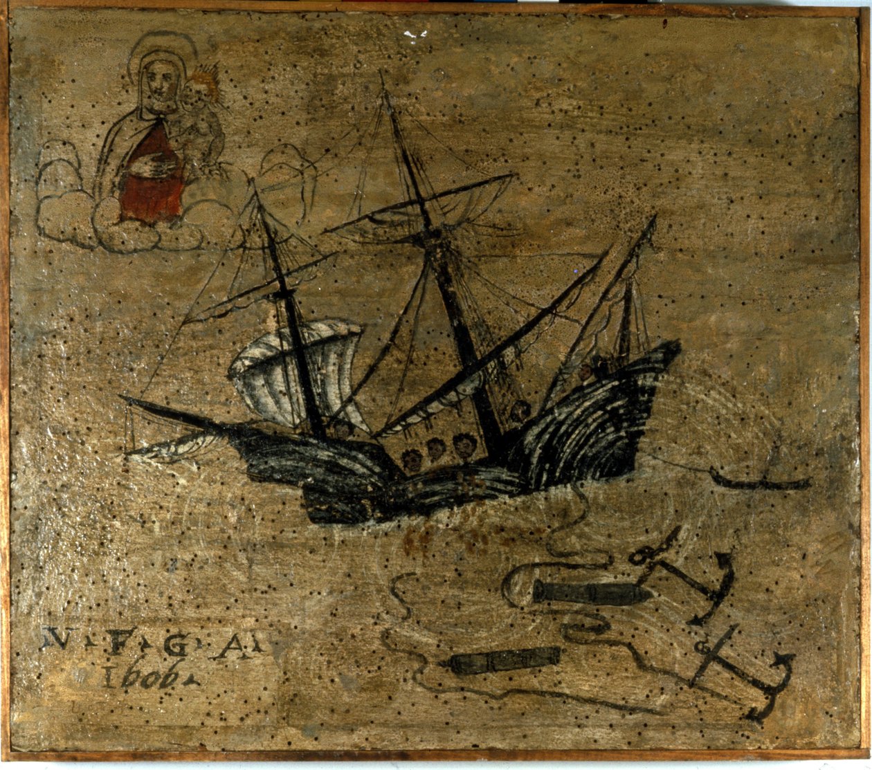 En galjon kaster ankre og to kanoner for at slippe løs under en storm. Ex voto de 1610 del l