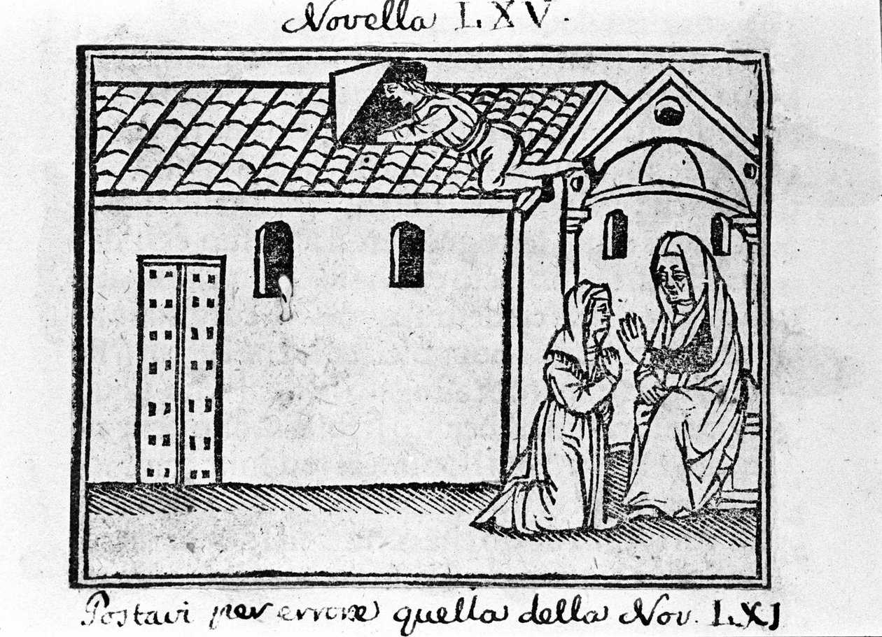 En jaloux ægtemand fraskriver sig selv som præst for at indsamle sin utro kones tilståelse. Illustration til nyhederne 65 (ny 5 af den syvende dag) af "Decameron"" af Giovanni Boccaccio dit Jean Boccaccio (1313-1375), italiensk forfatter. Indgravering af Italian School