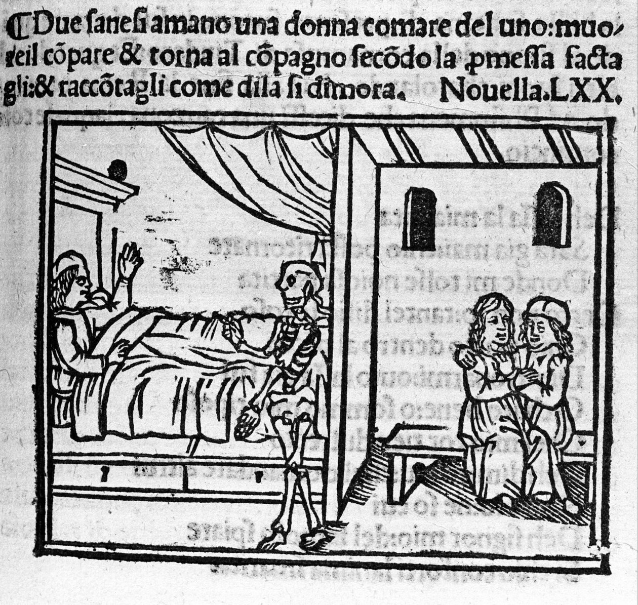 En mand, der er forelsket i sin vens kone, afløser ham i ægteskabets hjem, da han dør. Illustration til nyhederne 70 (Nyheder 10 af den sjette dag) af "Decameron"" af Giovanni Boccaccio dit Jean Boccaccio (1313-1375), italiensk forfatter. Indgravering i "" af Italian School