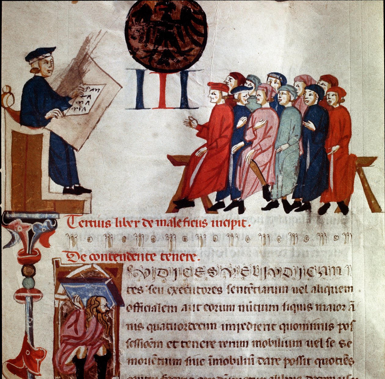 En magtfuld mand holder samlet detalje. Miniature taget fra "" Short Populi et Compagniarum Pisani Communis "" (vedtægter for byen Pisa) 1300-1308 Pisa statsarkiv af Italian School