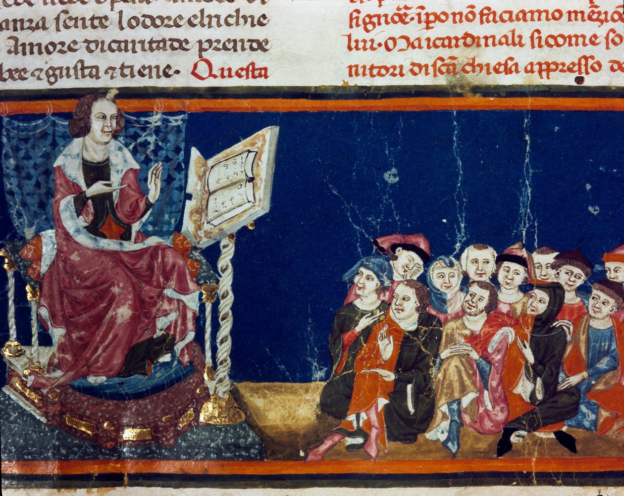 En mester og hans elever Miniature af den florentinske skole fra en udgave af "Pater noster" af Ser Zucchero Bencivenni (MS.II.VI 16) begyndelsen af det 14. århundrede Firenze, nationalbibliotek af Italian School