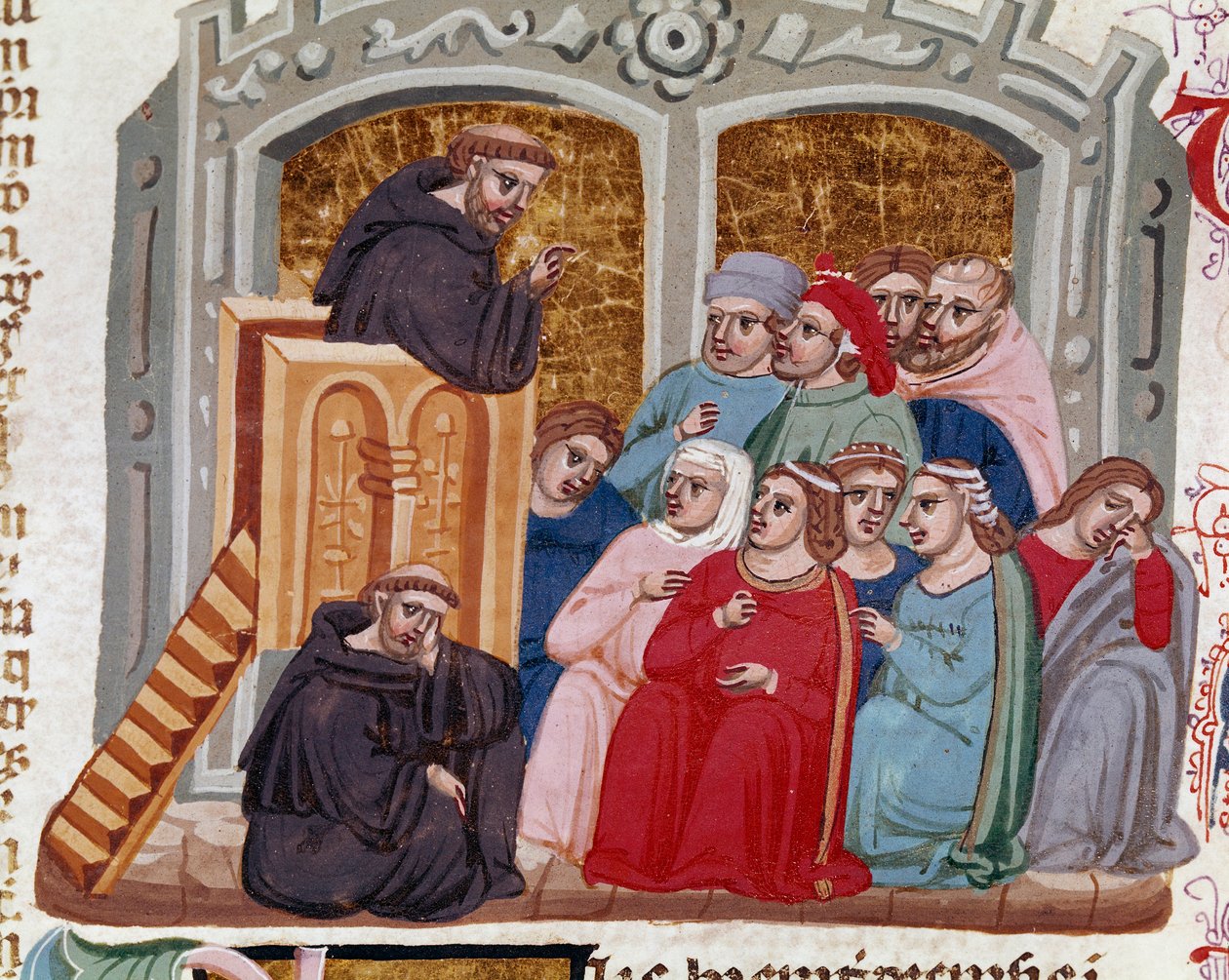 En prædikator, der henvender sig til en skare af miniature fideles fra "" Decret de Gratien"" ("Concordia discordantium canonum" eller "Decretum Gratiani"), der dateres tilbage til 1140 og regulerer love og kanoner for den romersk-katolske kirke. 14. århun af Italian School