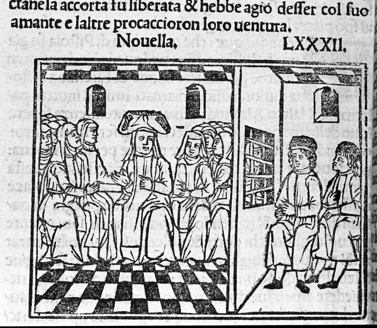 En historie om en nonnes kærlighed. Illustration til nyhederne 82 (Ny 2 af den niende dag) af "Decameron"" af Giovanni Boccaccio dit Jean Boccaccio (1313-1375), italiensk forfatter. Gravering i "" Decamerone ouer Cento nouelle"" Venedig, Bartolomeo de 