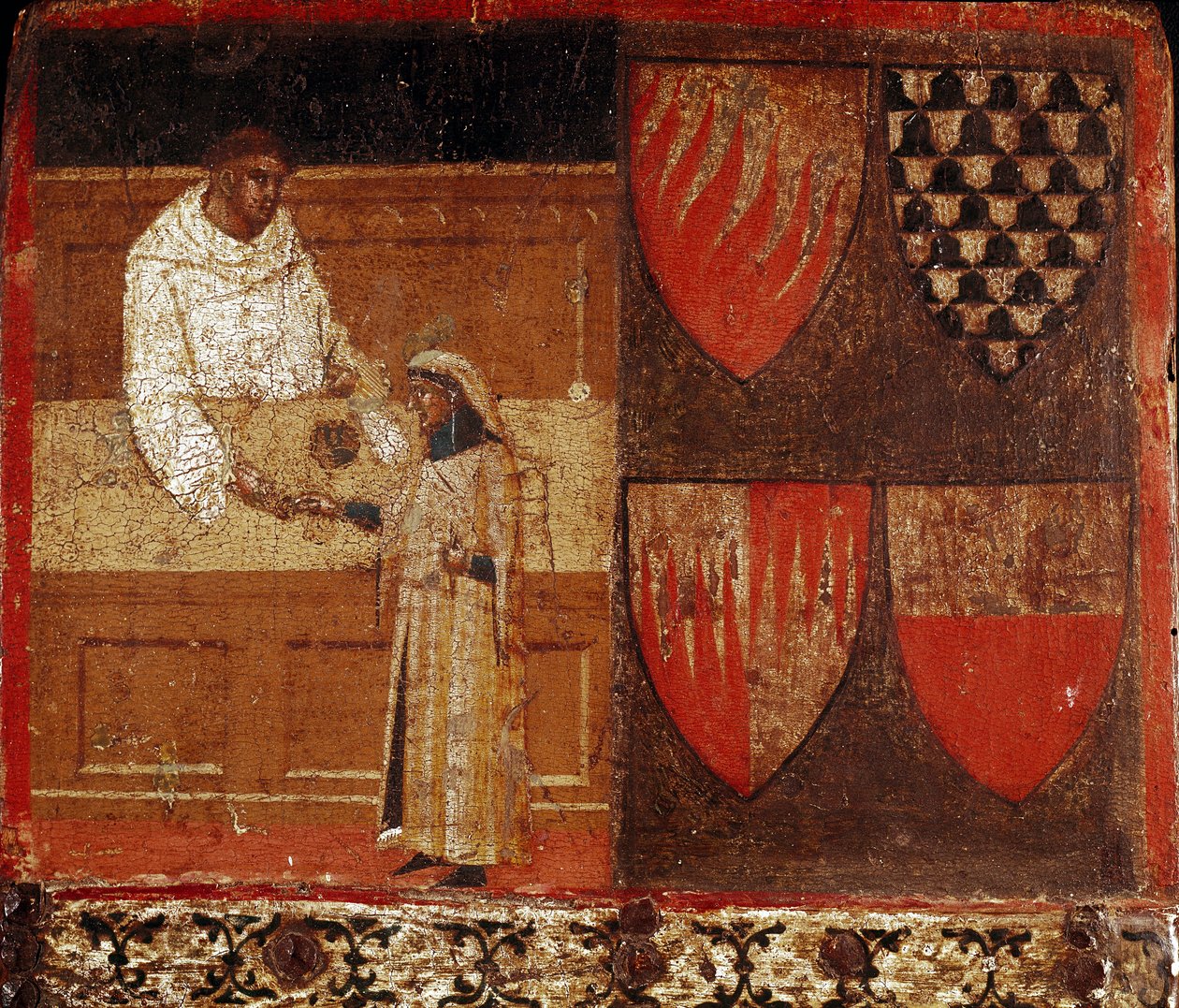En skatteopkræver og en skatteyder Anonymt maleri på træ, der dekorerer en Biccherna (omslag af regnskabsregisteret for byen Siena) fra 1340. Nationalarkiv - Museo delle Tavolette de Bicherna, Siena. af Italian School