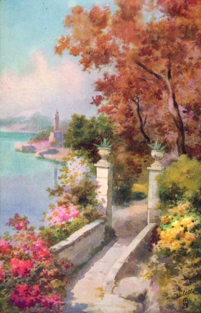 En villa ved Lago Maggiore, Italien (farvelitografi) af Italian School