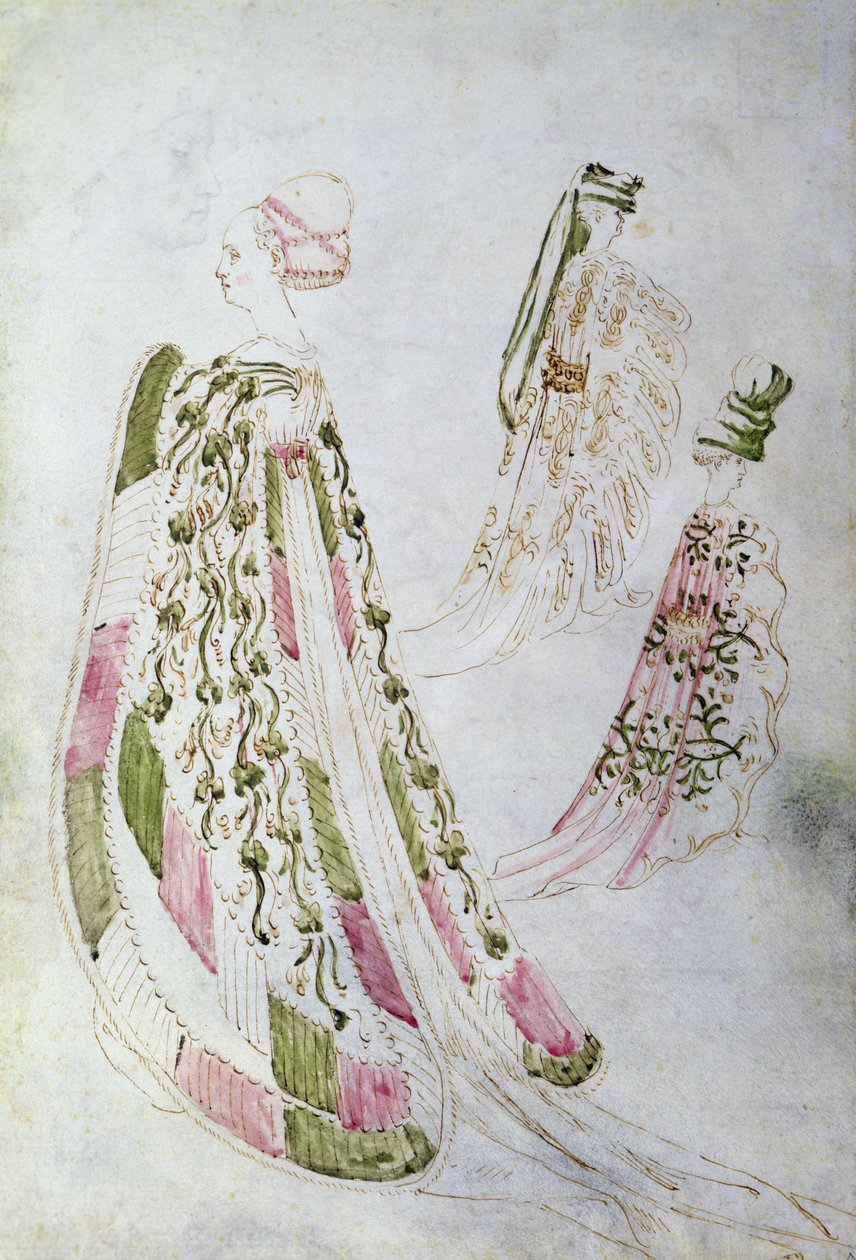 En kvinde og to mænd iført lange frakker, ca. 1450 (blæk og akvarel på papir) af Italian School