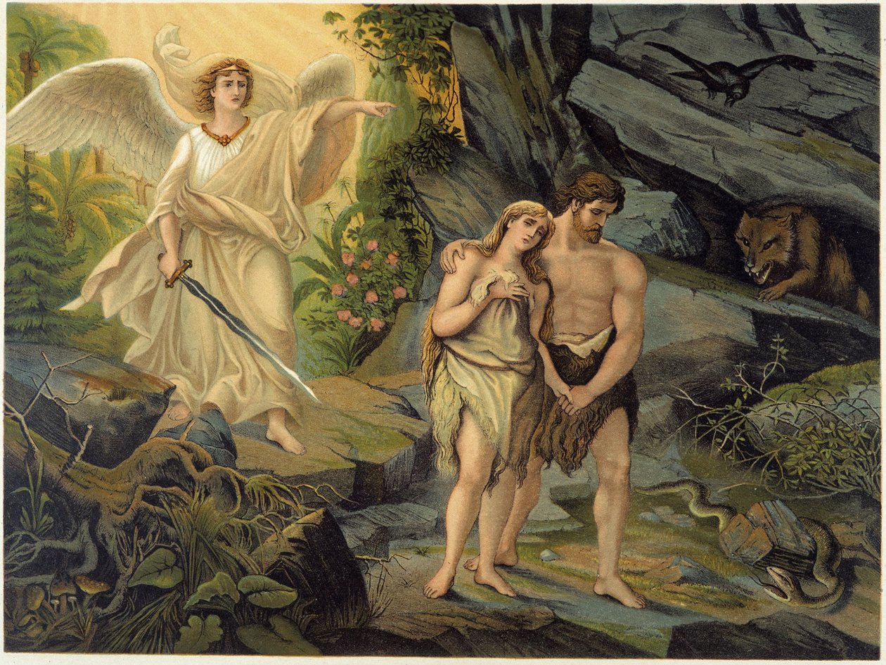 Adam og Eva jaget ud af det jordiske paradis (Eden) af Ærkeenglen - i "" Golden Classic Bible: History of Divine Revelation in the Ancient and New Stress "" af Giovanni Ladislao Sykora (bind 1), oversat af Don Clemente Benetti. (italiensk bibel af Italian School
