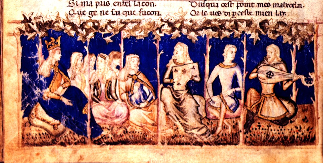 Add.12228 fol.222v En dronning lytter til musik, fra romeren du Roy Meliadus de Leonnoys, c.1352 (vellum) af Italian School