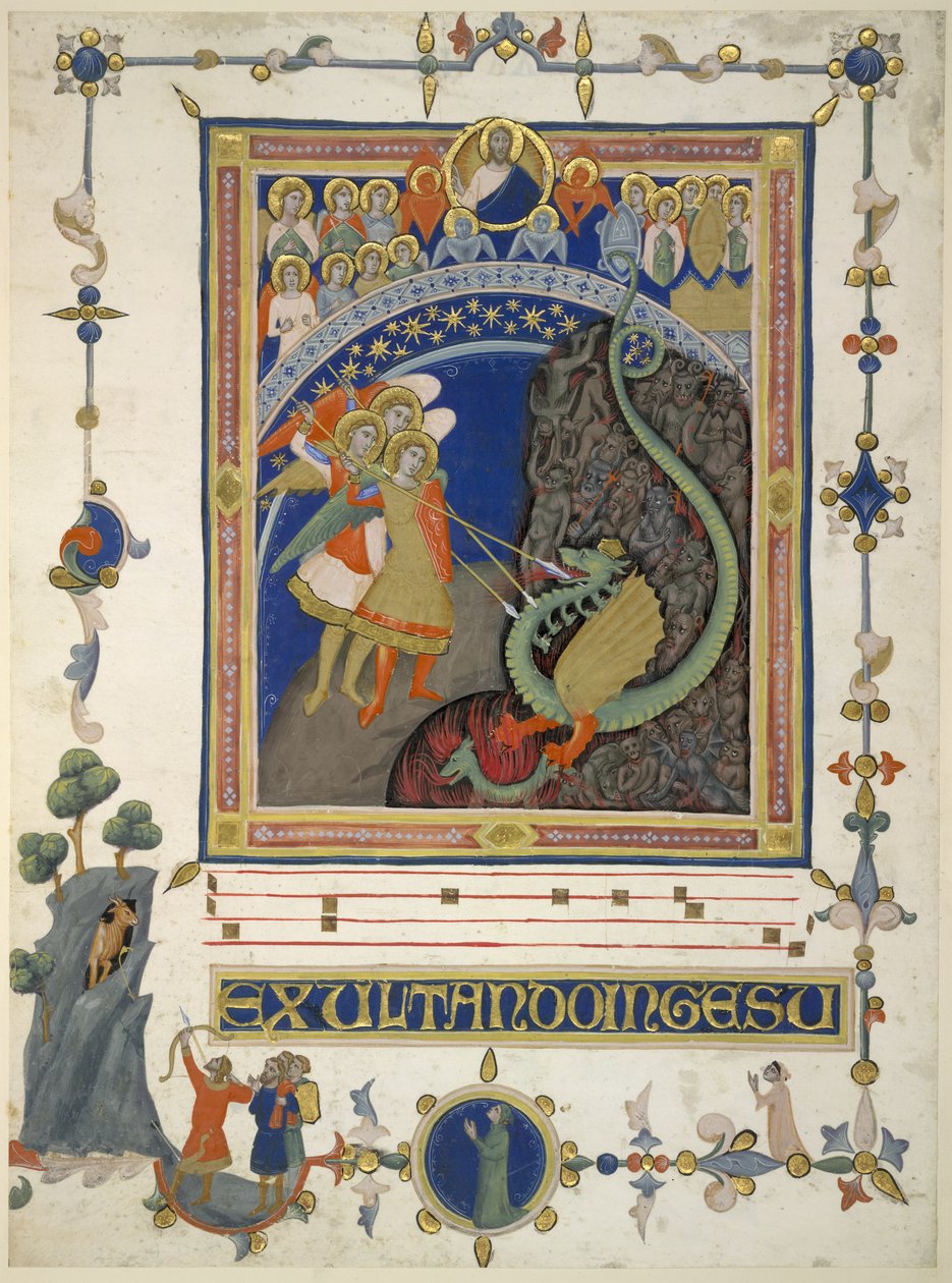 Tilføje. 35254 B St. Michael og hans engle i kamp med dragen og hans vært (vellum) af Italian School