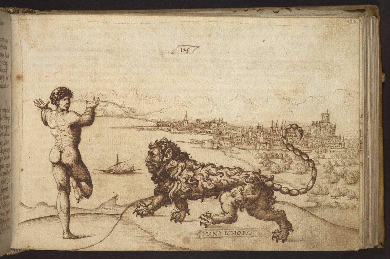 Tilføje. 82955, f.124 Menneskelig figur og et væsen (
