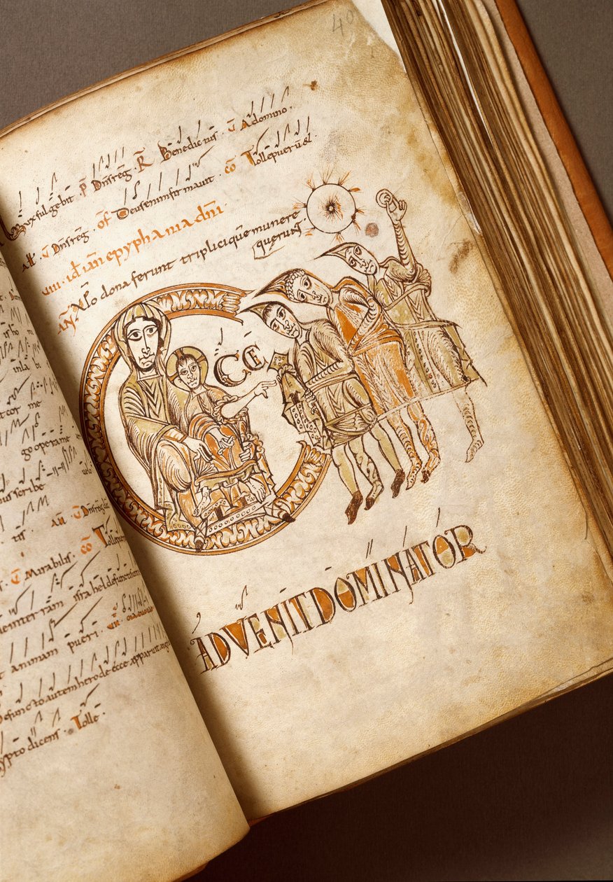 Tilbedelse af Magi-manuskriptet fra Bolognese-skolen. (Ms.123-Foglio 40 r) Rom fra det 11. århundrede, Biblioteca Angelica af Italian School