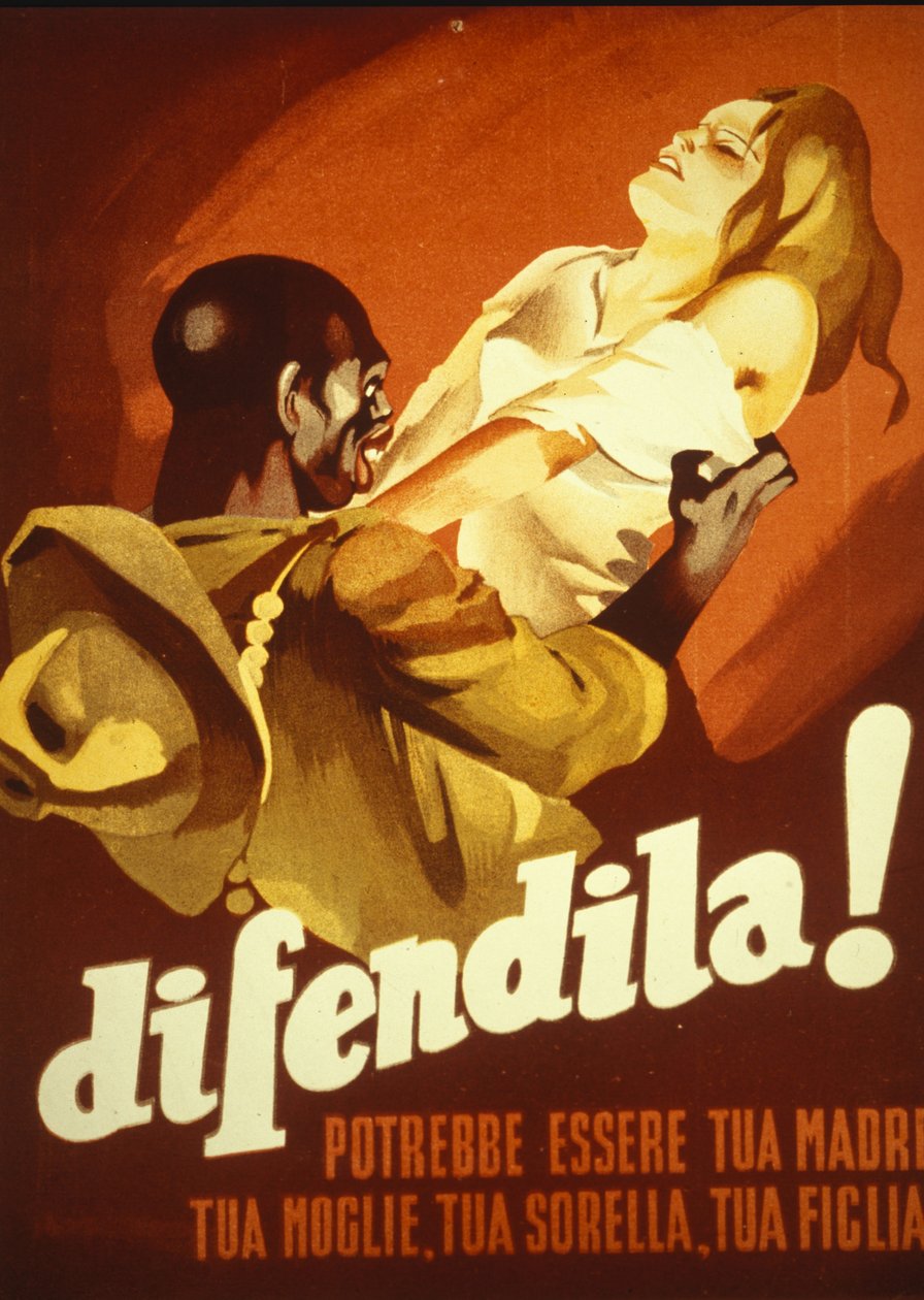 Plakat med en ung kvinde, der bliver overfaldet af en farvet mand: Forsvar hende, hun kunne være din mor, din kone, din søster, din datter. Italien af Italian School