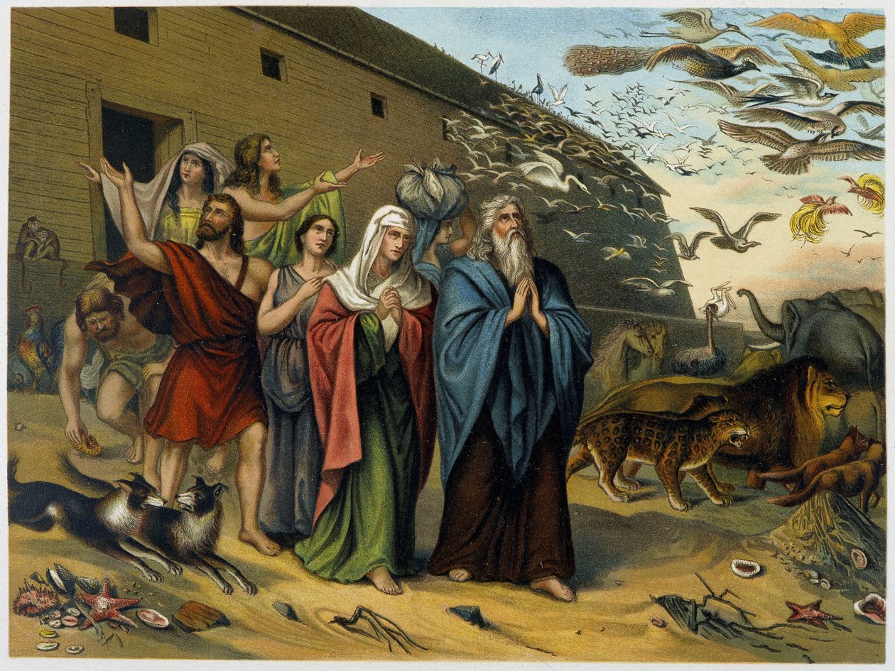 Efter syndfloden kommer Noa, hans familie og dyr ud af arken - i "Golden classic Bible: history of divine openbaring in the old and in the new tension" "af Giovanni Ladislao Sykora (bd. 1), oversat af Don Clemente Benetti. (italiensk bibel) af Italian School
