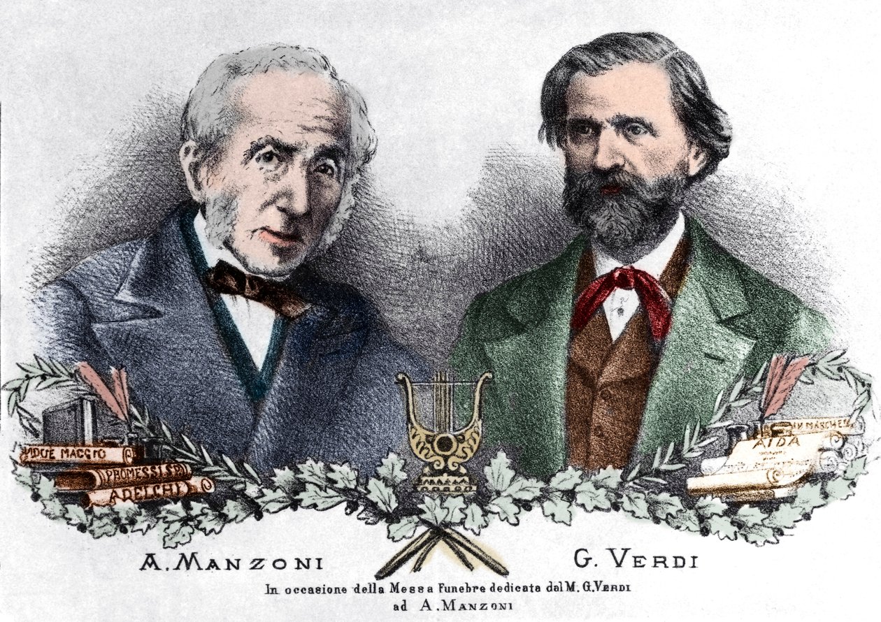 Alessandro Manzoni og Giuseppe Verdi i anledning af Messa da Requiem (farvegravering) af Italian School