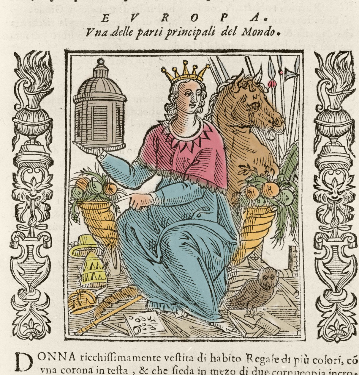 Allegori om Europa i form af en rigt klædt kvinde, kronet, omgivet af overflodshorn. Tallerken taget fra "" Iconologia"" af Cesare Ripa (1550 omkring 1622) af Italian School