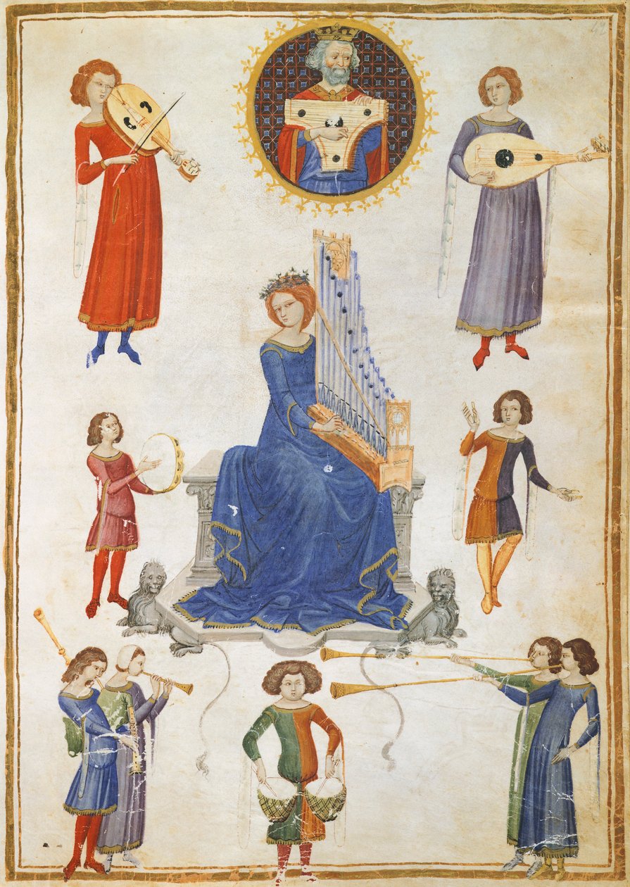 Allegori over musikken, manuskript V A folio 27 fra Musikinstituttet af Severin Boezio af Italian School