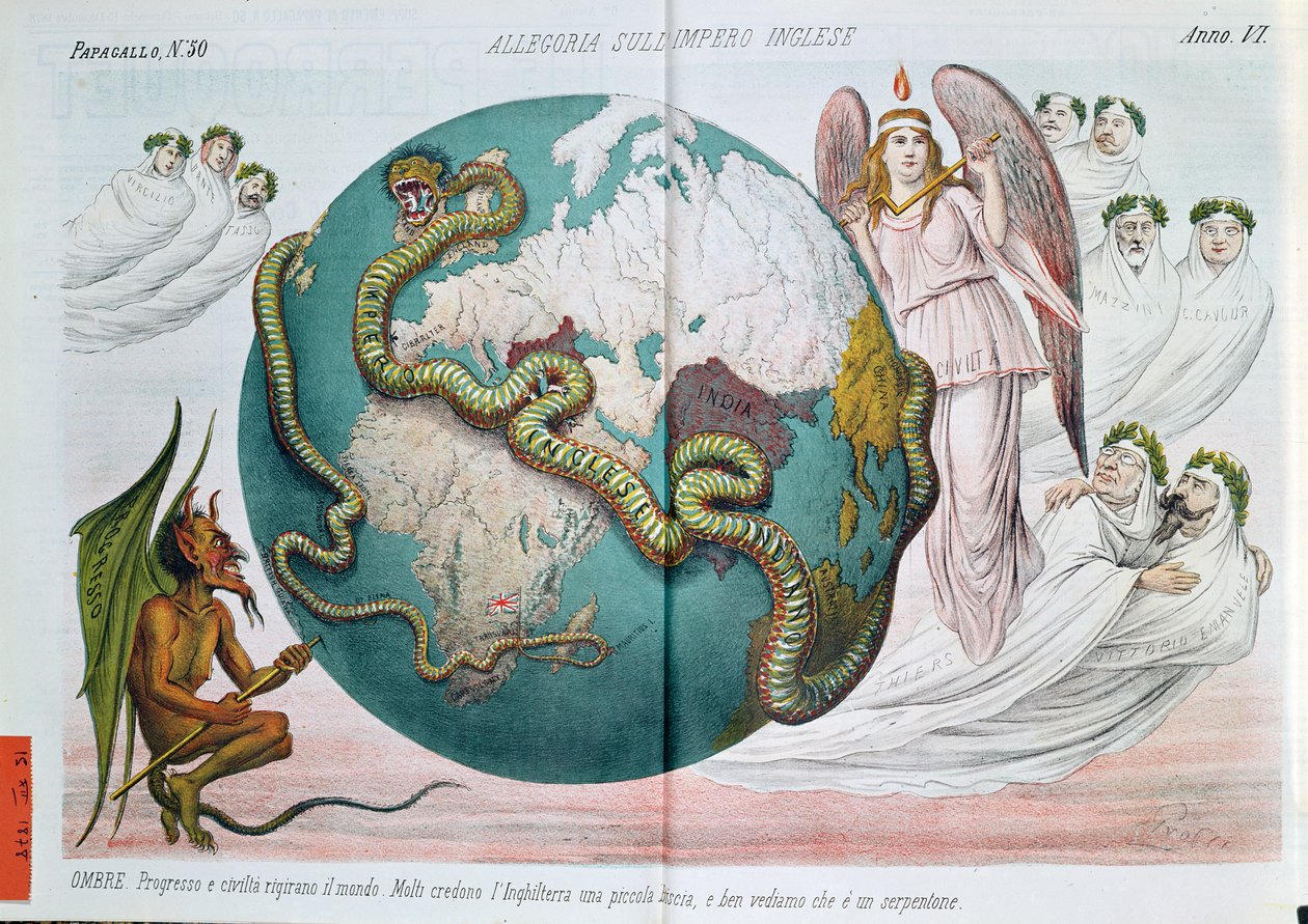 Allegori om det britiske imperium, der kvæler verden, satirisk tegneserie fra Le Perroquet (Il Pappagallo), 1878 af Italian School