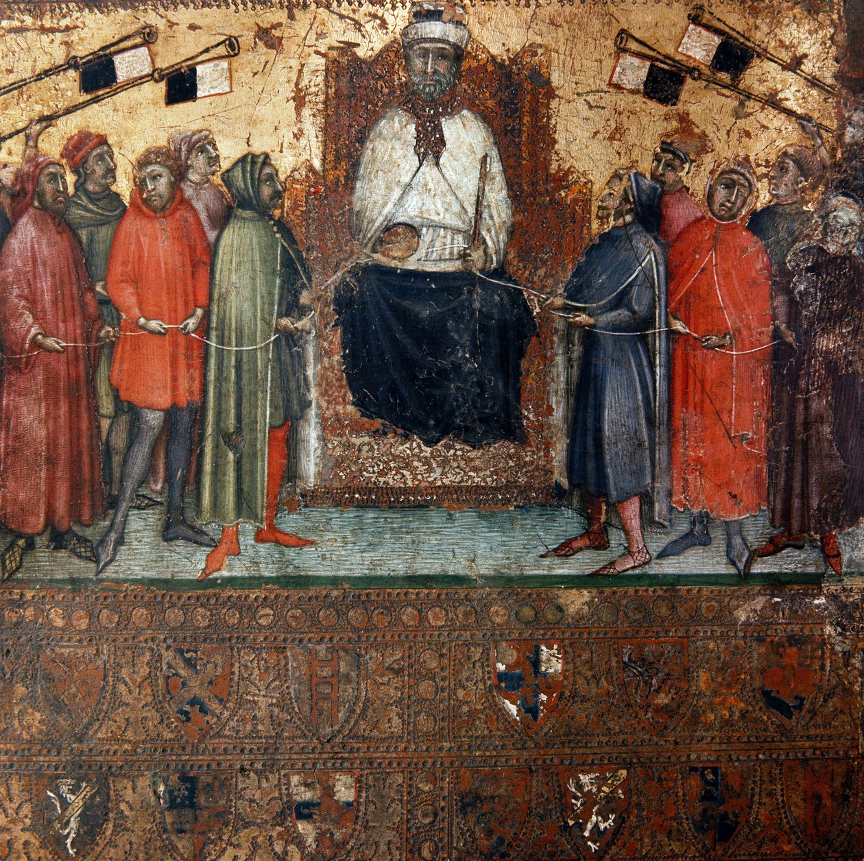 Allegori af regeringen i byen Siena omgivet af borgere, der er symbolsk forbundet med den af et reb. Anonymt maleri på træ af en Biccherna (forsiden af regnskabsregisteret for byen Siena) 1385. Siena Archivio di Stato, Italien af Italian School