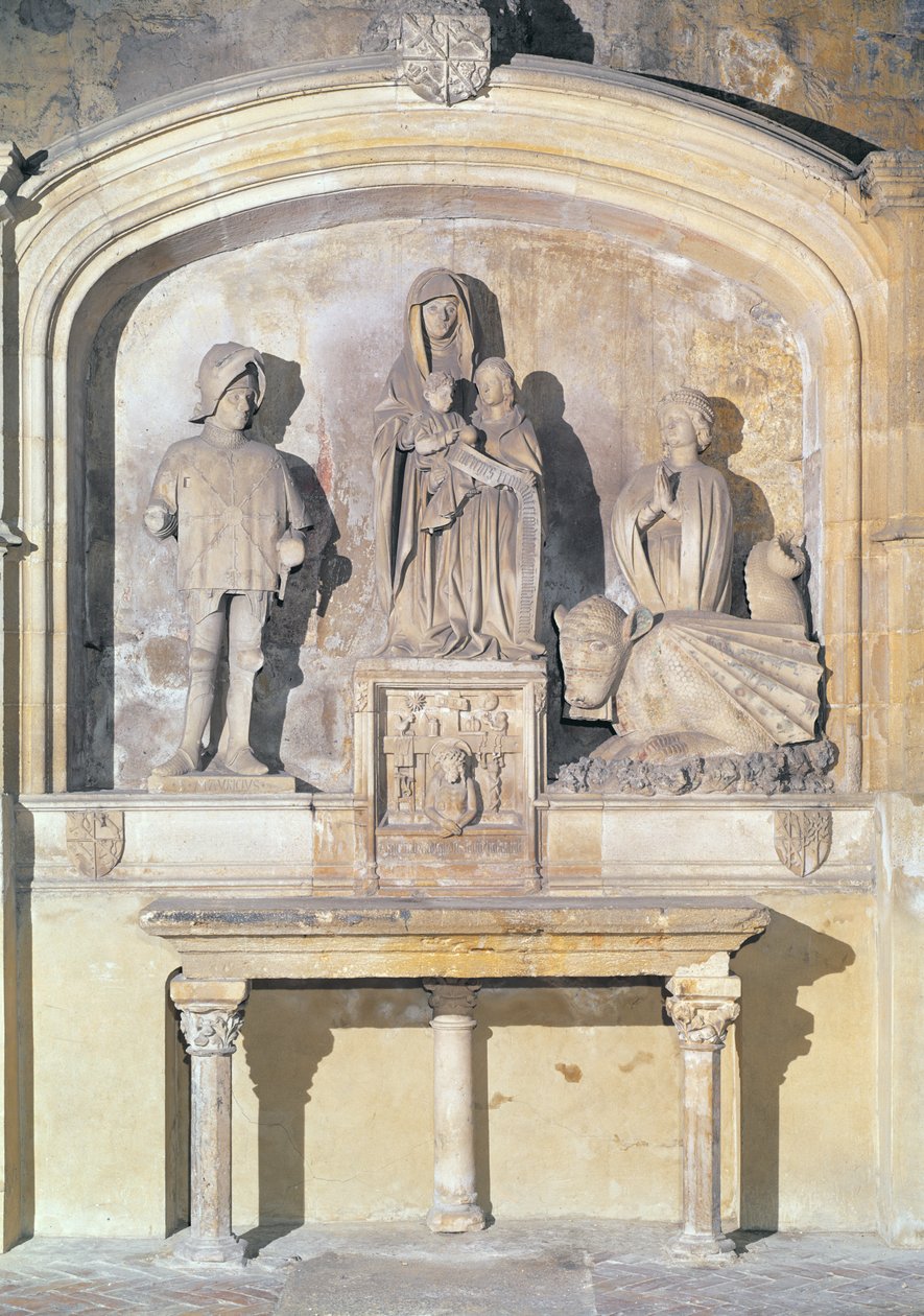Altertavle af St. Anne, Jomfruen og spædbarnet Kristus, med St. Maurice, St. Martha og Tarasque (dragen fra Tarascon) 1470 (sten) af Italian School