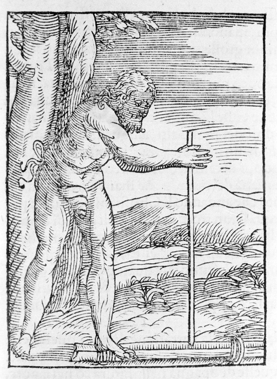 En indisk Tainos tænder bål ved at gnide to stykker træ. Gravering fra "" Navigationi og Viaggi"" af Giovanni Battista Ramusio (1485-1557), vol. III, Venedig 1565. af Italian School
