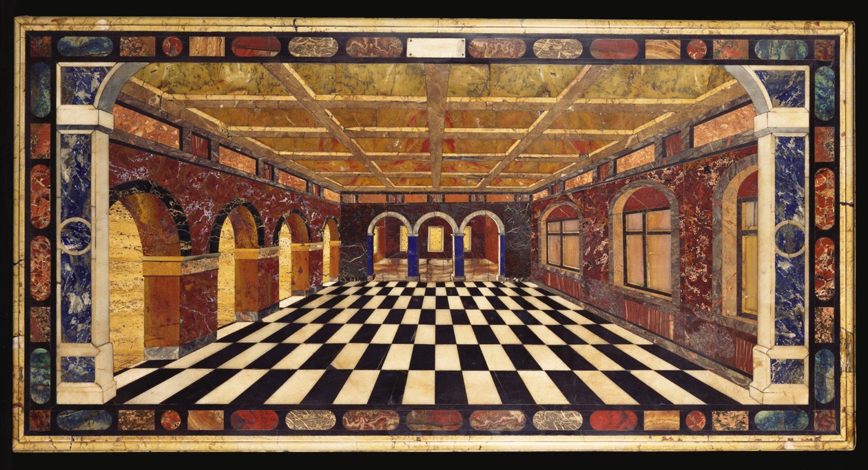 En italiensk pietre dure bordplade af indlagt marmor, der viser en indvendig scene af et vigende arkadegalleri af Italian School