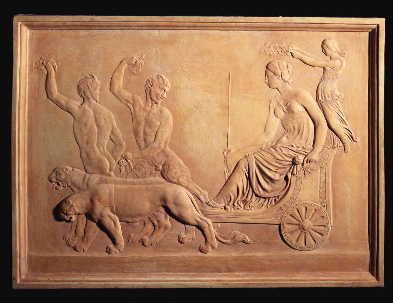 Et italiensk terracotta-reliefpanel, der forestiller Ariadnes triumf, vist i Bacchus" pantertrukket vogn med Silenus og Pan ser på, ca. 1870 af Italian School