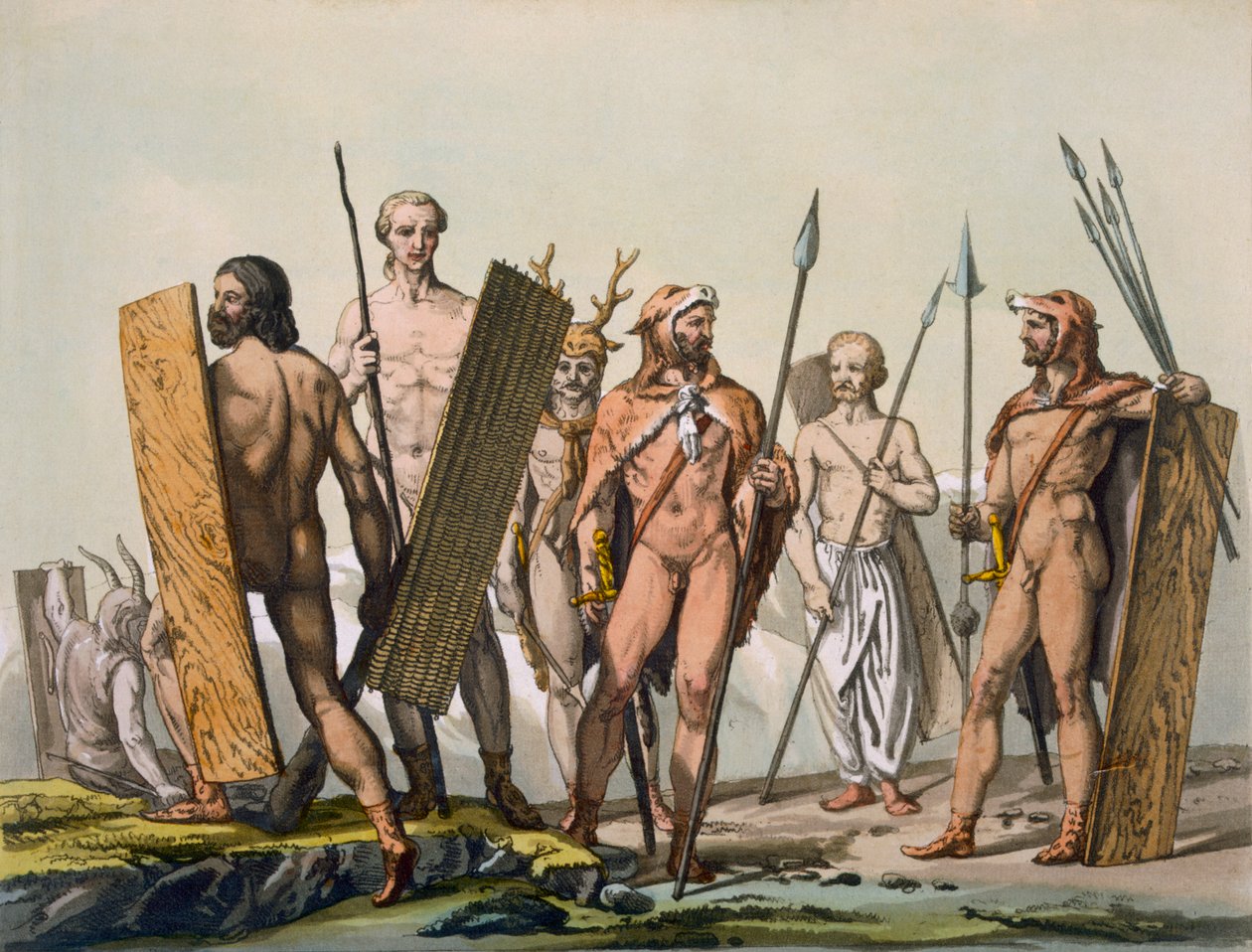 Gamle keltiske krigere klædt til kamp med en shaman, ca. 1800-18 af Italian School