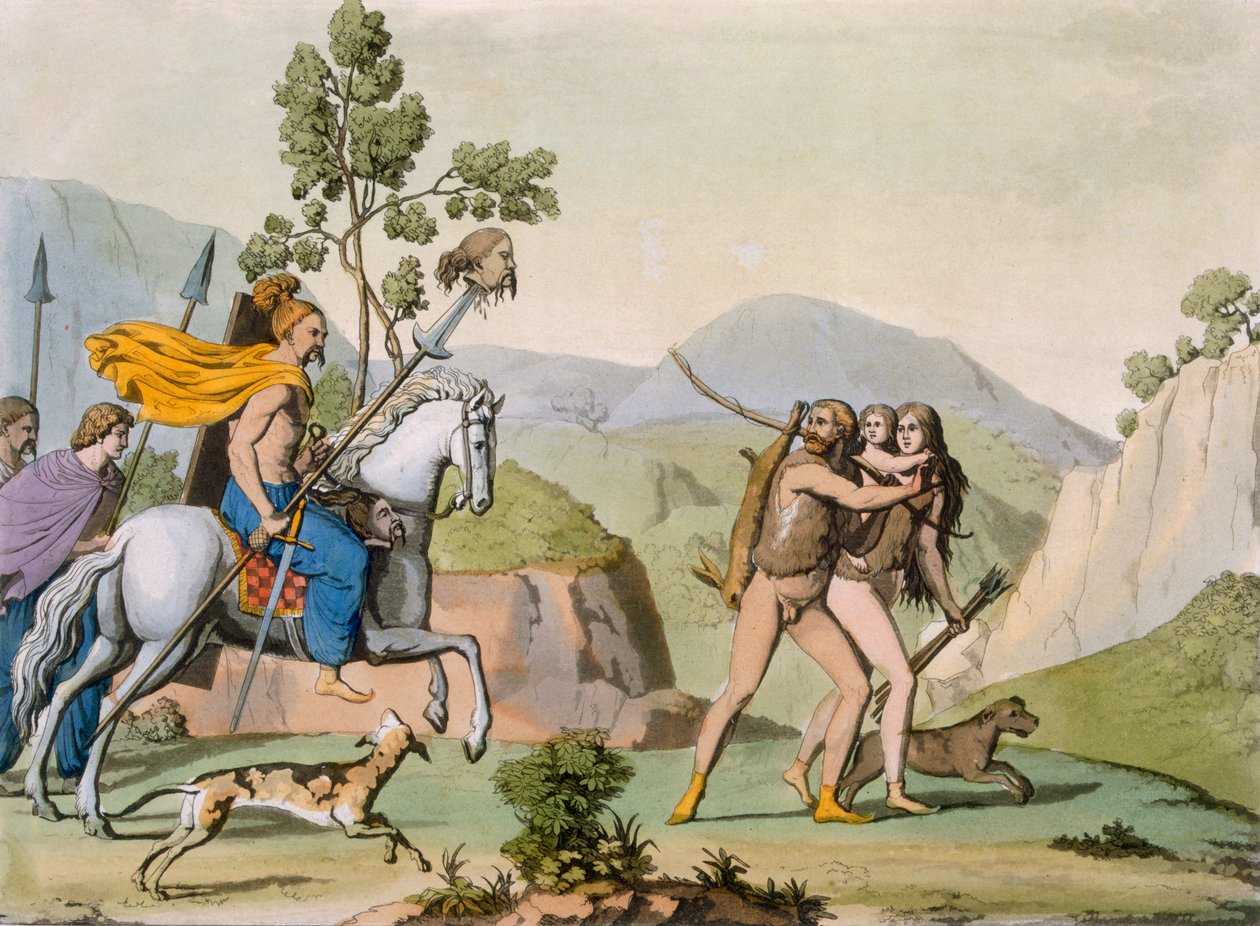 Gamle keltiske krigere på et strejftog støder på et par på jagt, ca. 1800-18 (farvet indgravering) af Italian School
