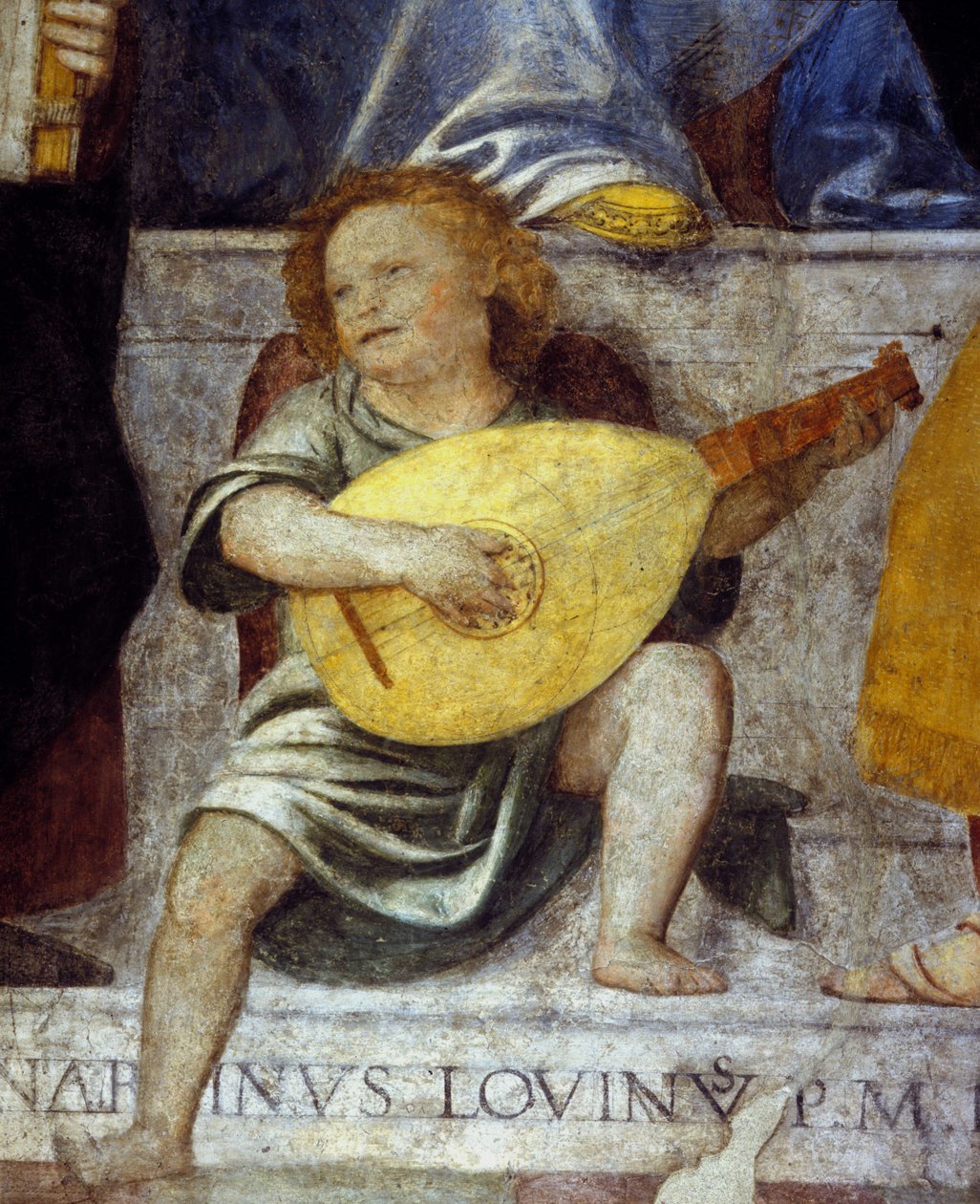Englemusiker, der spiller lut. Detalje af en fresko fra det 17. århundrede fra en kirke i Milano. af Italian School