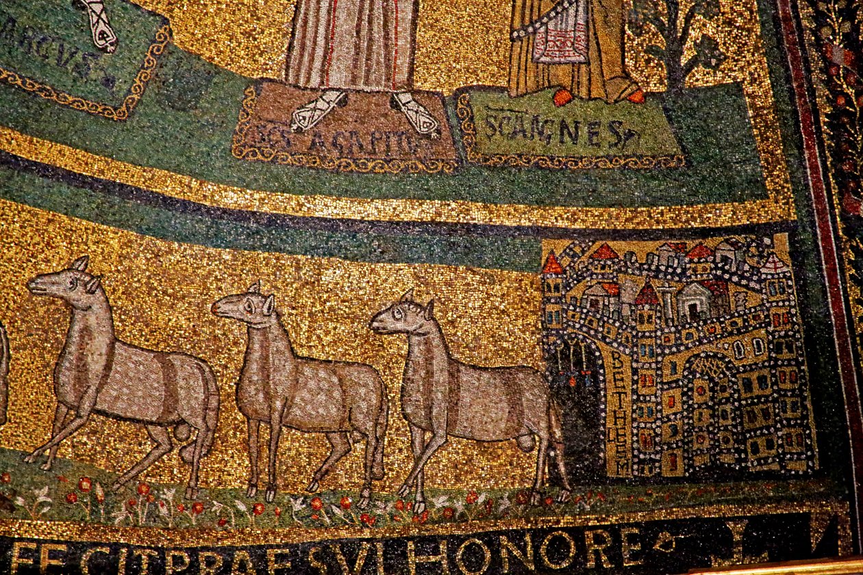 Apsis detalje, Betlehem og får (mosaik) af Italian School