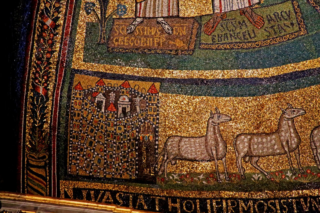 Apsis detalje, Jerusalem og får (mosaik) af Italian School