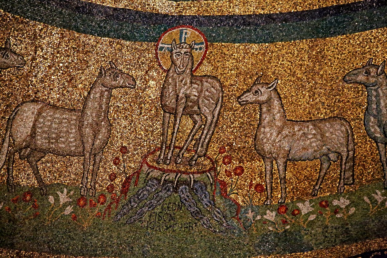 Apsis mosaik med Kristus som påskelam og får (mosaik) af Italian School