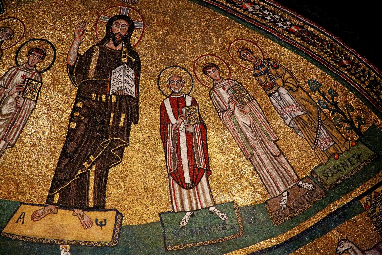 Apsis med Kristus, helgener og pave Gregor IV (mosaik) af Italian School