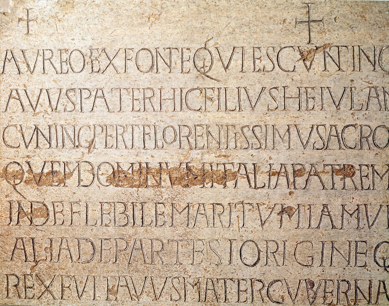 Middelalderens arkæologi (middelalderen). Barbarisk kunst fra Lombardiet: gravsten over den langobardiske kong Cunipert, kendt som den fromme (Cuniperto, 678-700). Lombard kunst. Pavia, Civic Museum, Arkæologisk Sektion (Pavia, Musei Civici, Sezione Archeo af Italian School