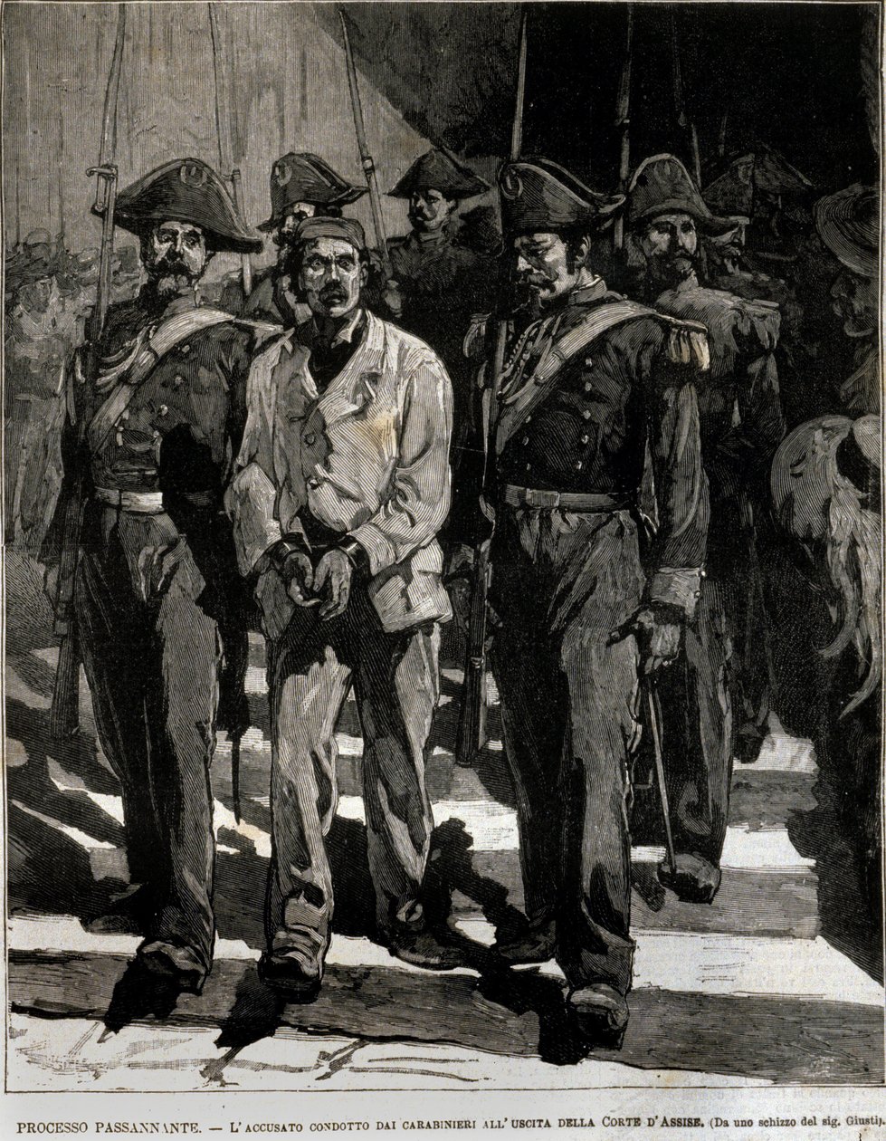 Arrestation af Giovanni Passannante (1849-1910), der udførte angrebet på den italienske konge Umberto I (Humbert I) i Napoli i 1878. Denne begivenhed inspirerede digteren Giovanni Pascoli (1855-1912) i en Ode. Indgravering af det 19. århundrede af Italian School